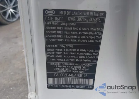 2011 Land Rover Range Rover Sport Hse z USA, uszkodzony, nr VIN SALSF2D44BA708113